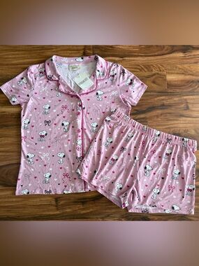 NWT Munki Munki Women’s 2 Piece Peanuts SNOOPY Pajamas Set Large L Pink Hearts